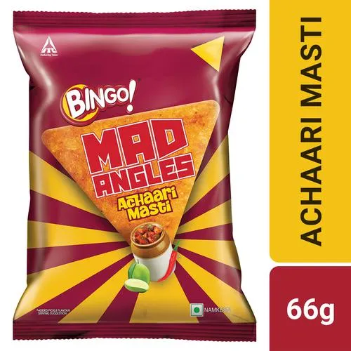 Bingo! Mad Angles Achaari Masti – Mango Pickle Flavour Crunchy Triangle Chips Pack 66 g Pouch