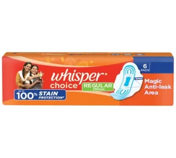 Whisper Choice Sanitary Pads – With Wings, 100% Stain Protection Regular 6 Pcs