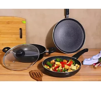 Prestige Deluxe Granite Non Stick Cookware Set – Kadai 24 cm Frypan 24 cm Tawa 28 cm 3 pcs (Kadhai 2.3 L Fry Pan 1.7 L)