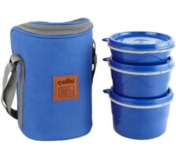 Cello Max Fresh Thermoware Hot Wave Lunch Box/Tiffin Box – Inner Steel, Blue Leak Proof 3 pcs (225ml 375ml 550 ml)