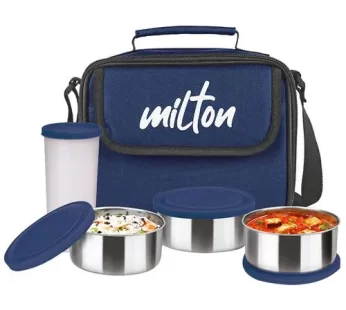 Milton New Steel Combi Lunch Box – Stainless Steel Containers Plastic Tumbler With Jacket, Blue 4 pcs