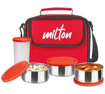 Milton New Steel Combi Lunch Box – Stainless Steel Containers Plastic Tumbler With Jacket Red 4 pcs